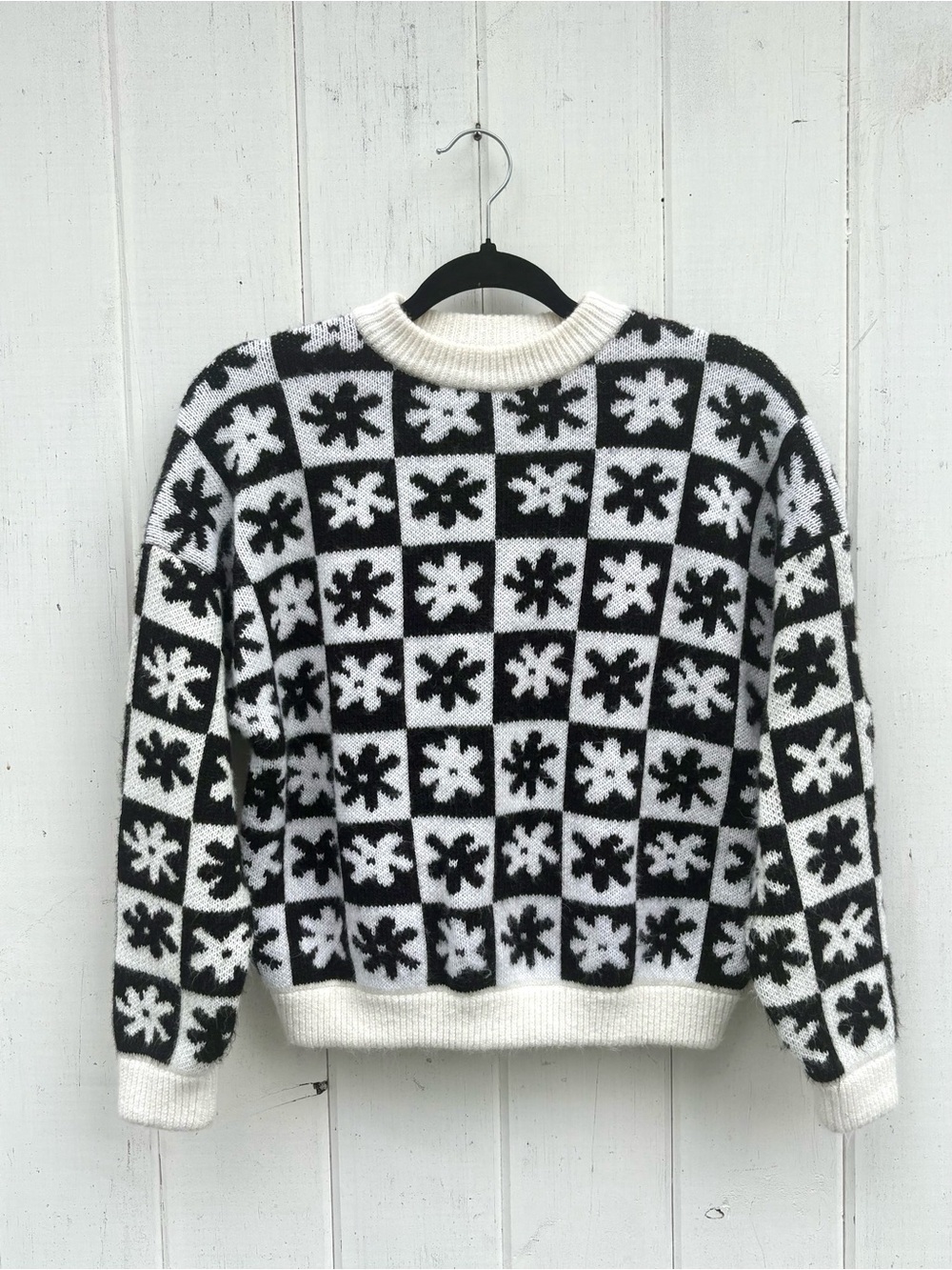 Lisa Says Gah Black and White Checkered Floral Crewneck Sweater